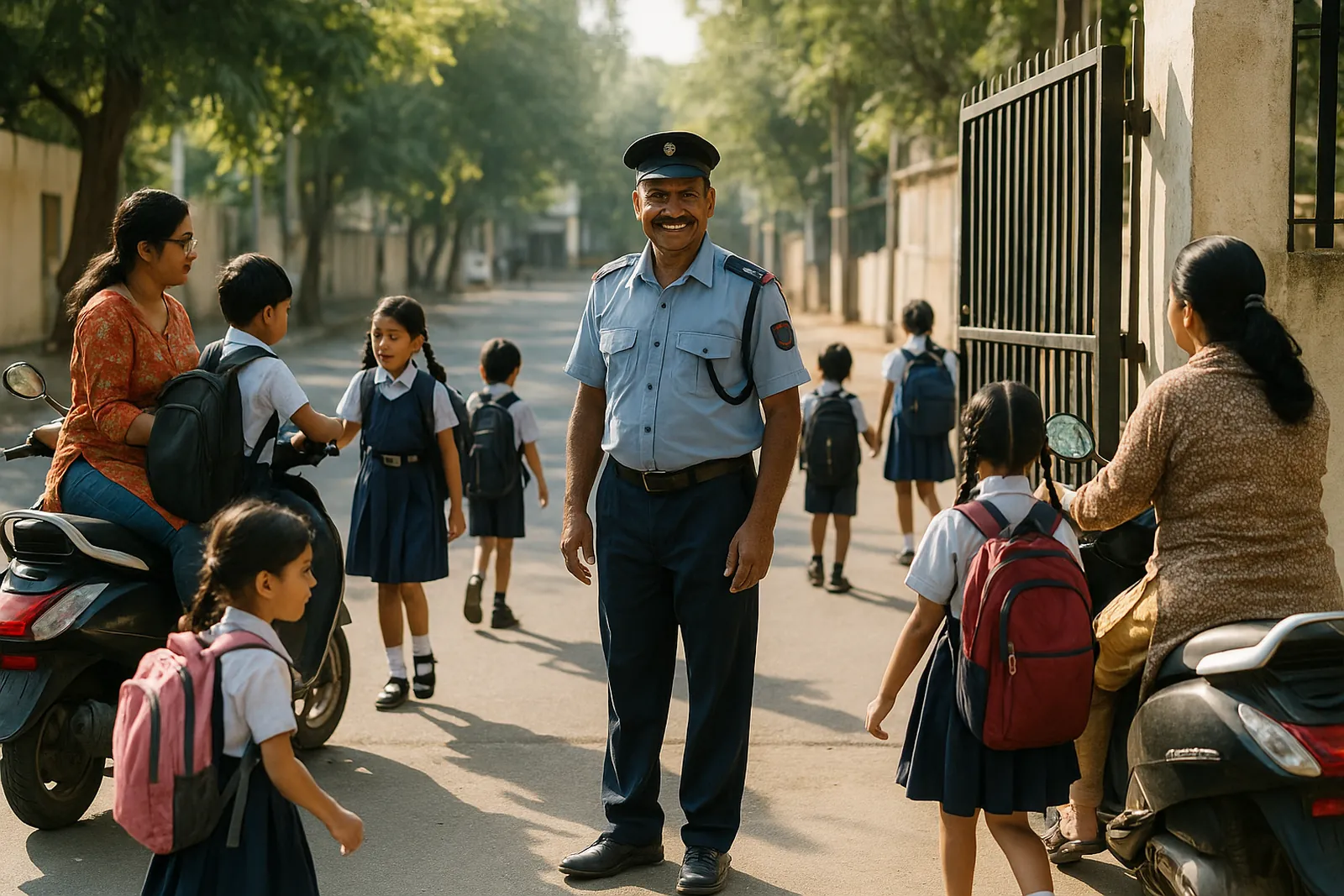 A school gate on a busy morning
