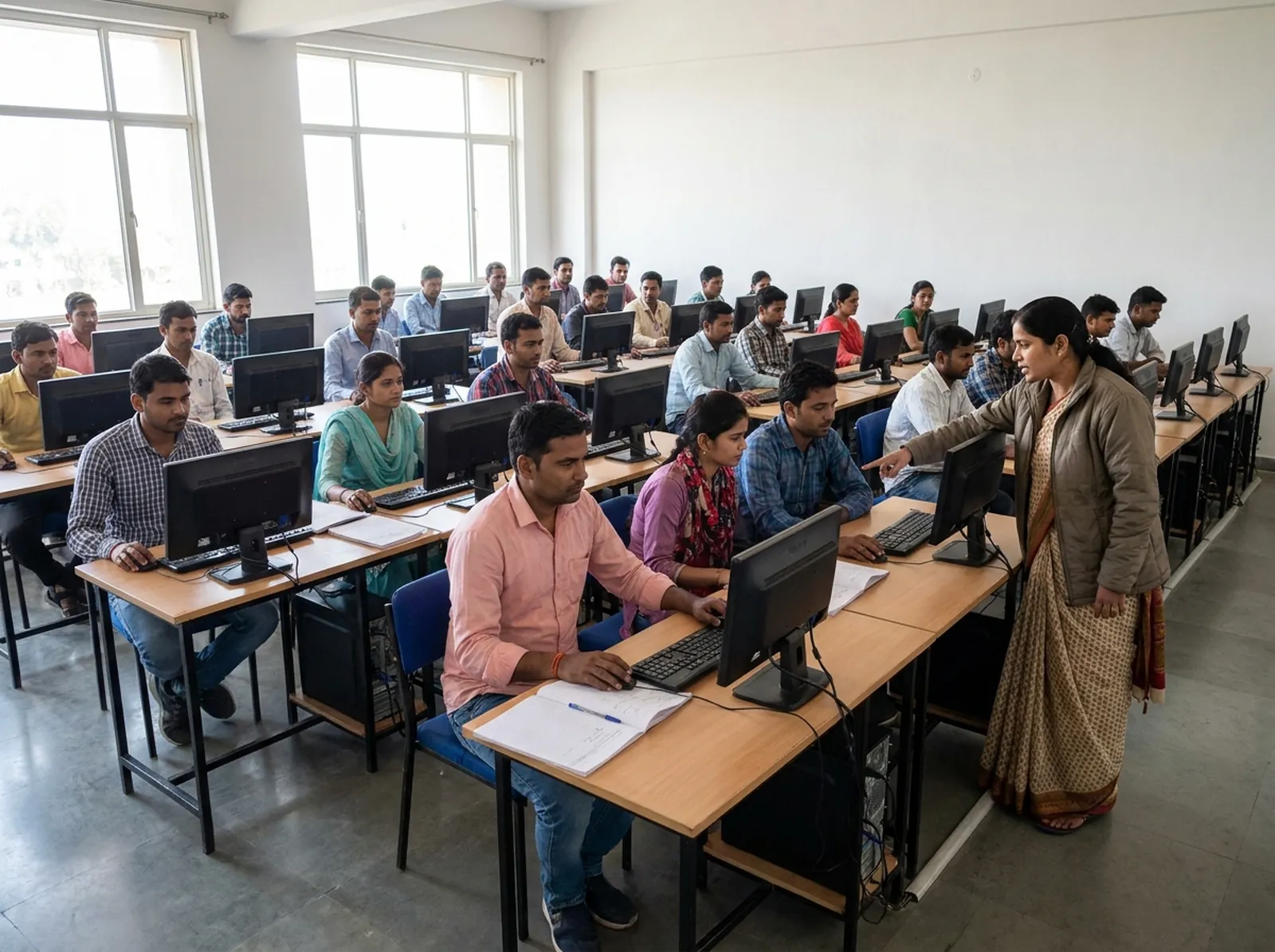 Adult learners in a skilling academy training lab